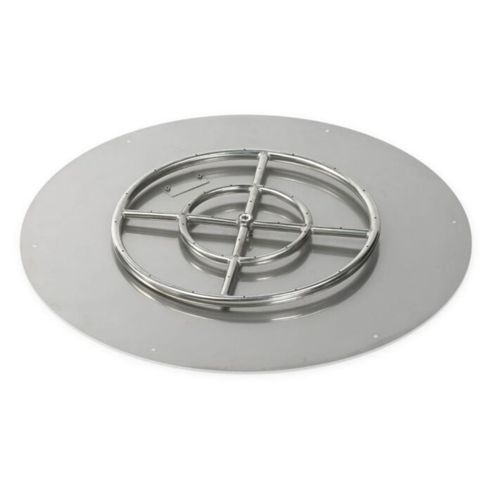 Round flat fire pit burner pan with centered stainless steel burner ring and arms