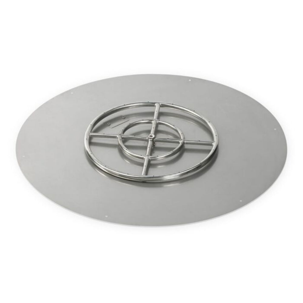 Round flat fire pit burner pan with stainless steel burner grate and central hub