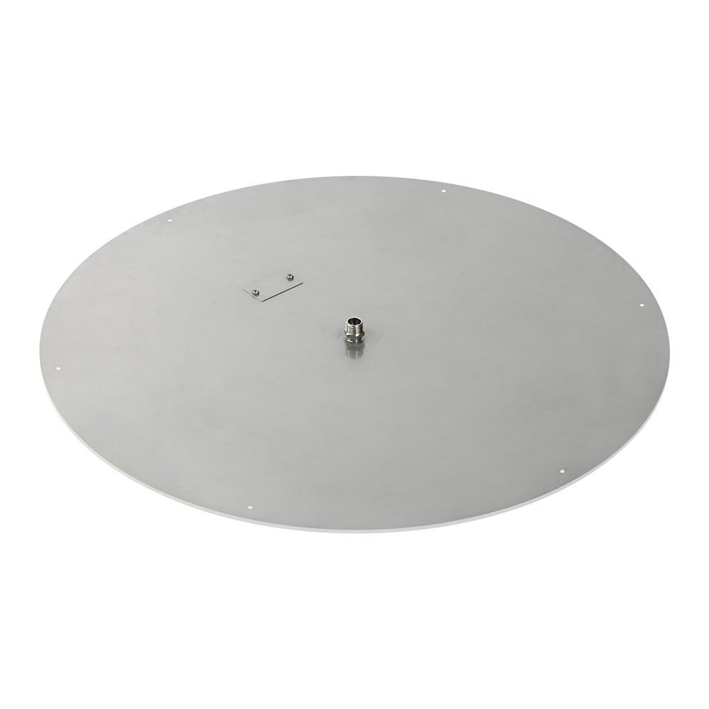 Round stainless steel fire pit burner pan base with small center bolt and mounting points