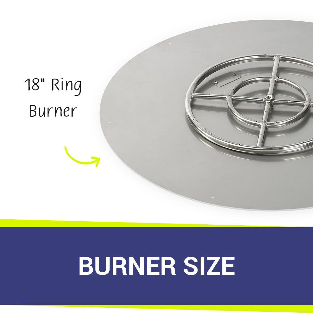 Round flat fire pit burner pan with stainless steel ring burner and circular grate, gray base