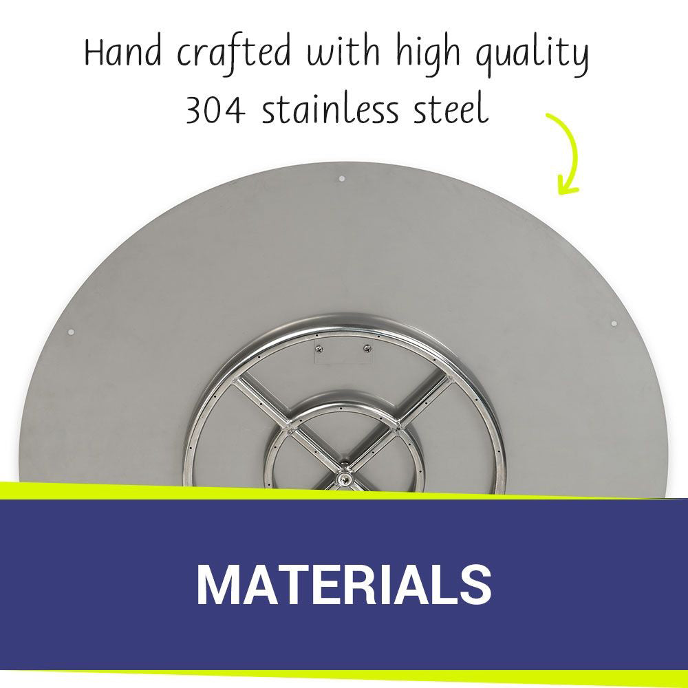 Round flat fire pit burner pan with stainless steel construction, circular burner plate and supports