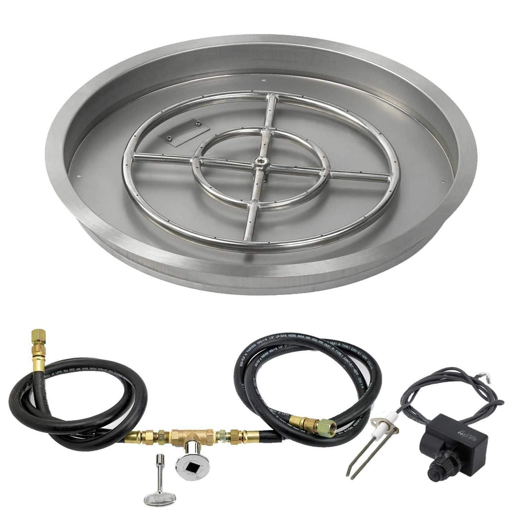 Round fire pit burner bowl with spark ignition ring and gas ignition parts