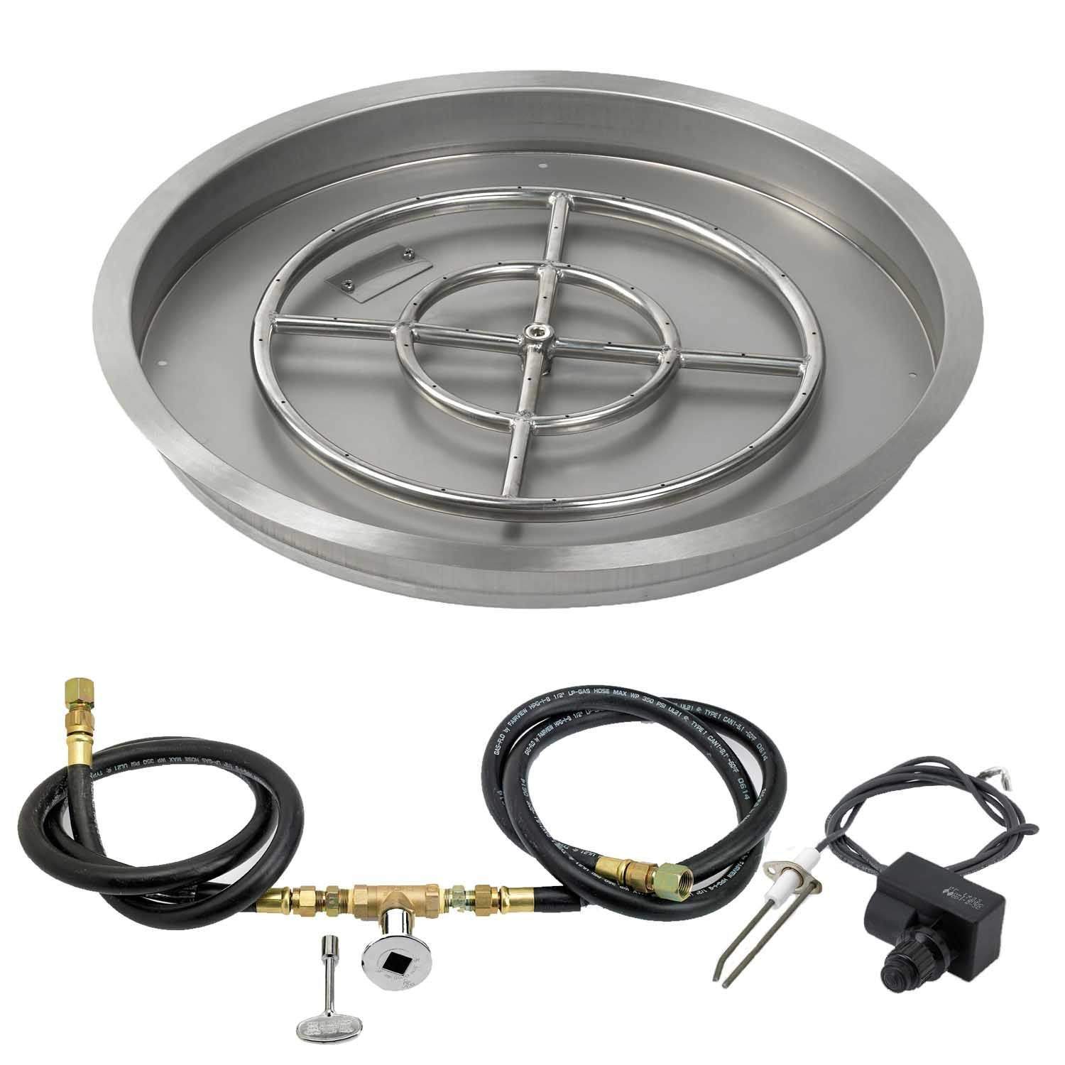 Round fire pit burner bowl with spark ignition ring and gas ignition parts