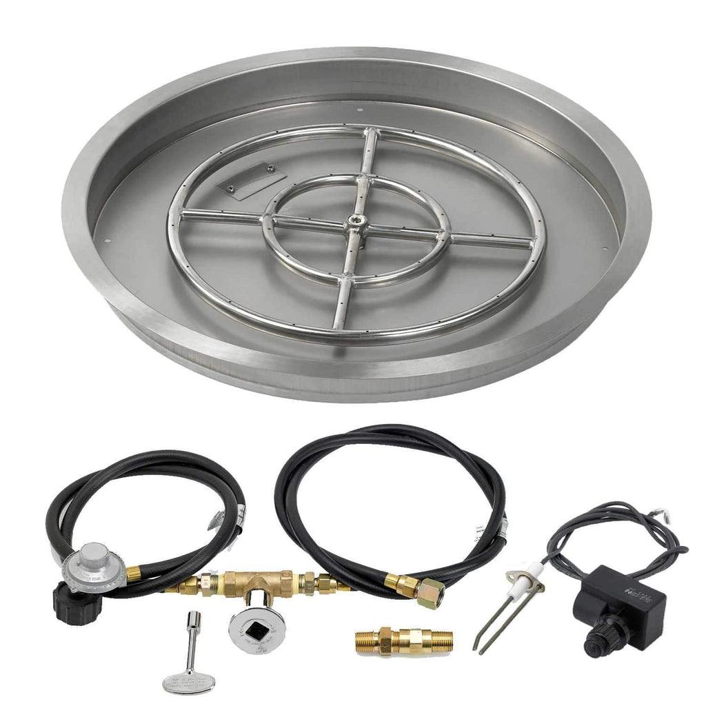 Stainless round fire pit burner bowl with spark ignition ring and connected hoses