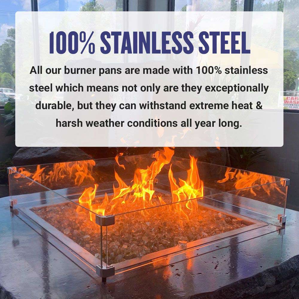Square stainless steel fire pit burner pan with glowing flames and burner frame