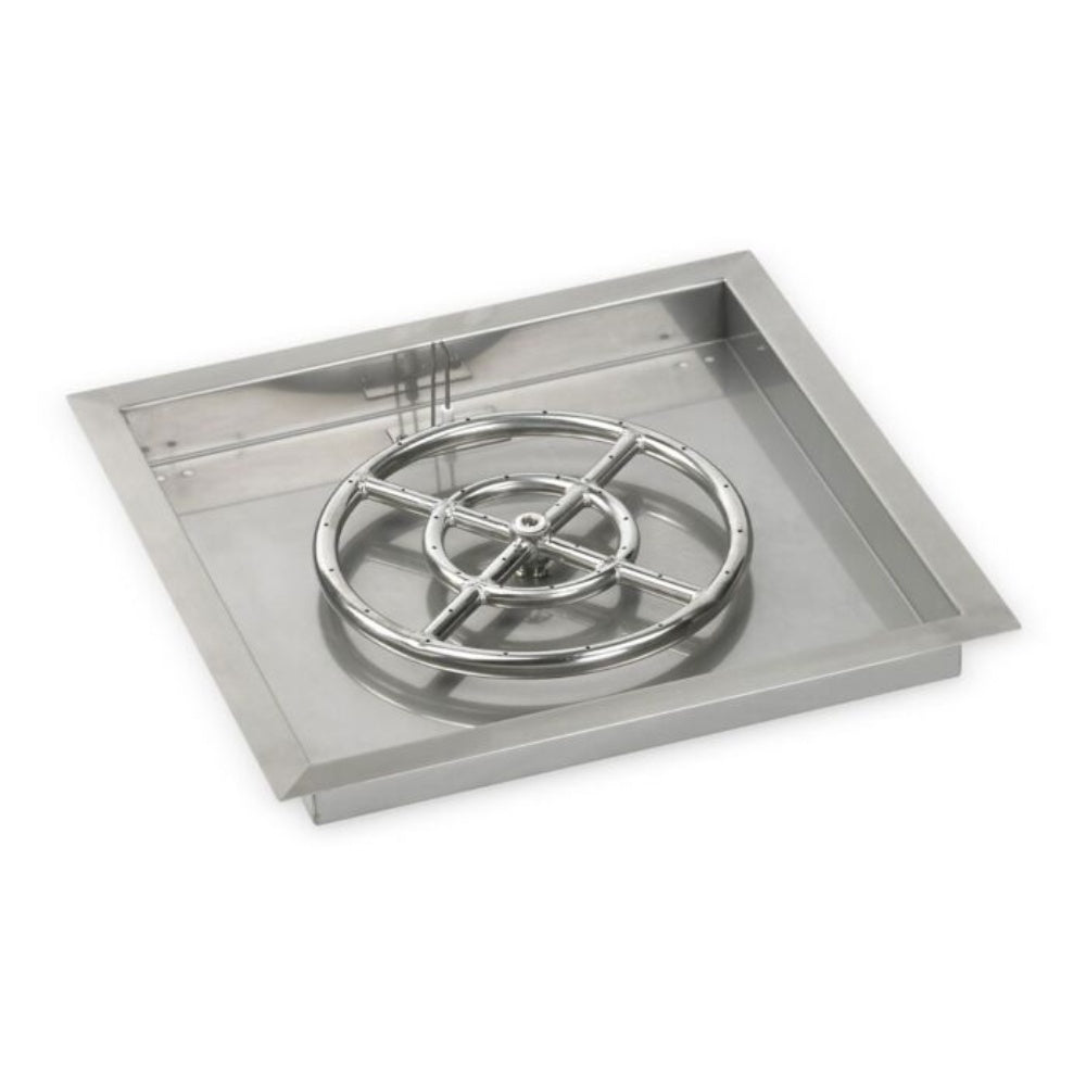 Square stainless steel drop-in fire pit burner pan with centered burner ring top view