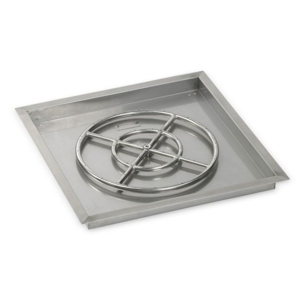 Square drop-in fire pit burner pan with circular burner ring and support grid