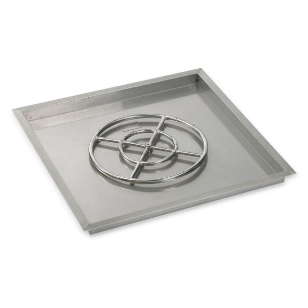 Square drop-in fire pit burner pan with round burner ring and crossed support bars
