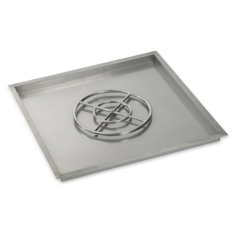 Square drop-in fire pit burner pan with stainless steel burner ring and grille