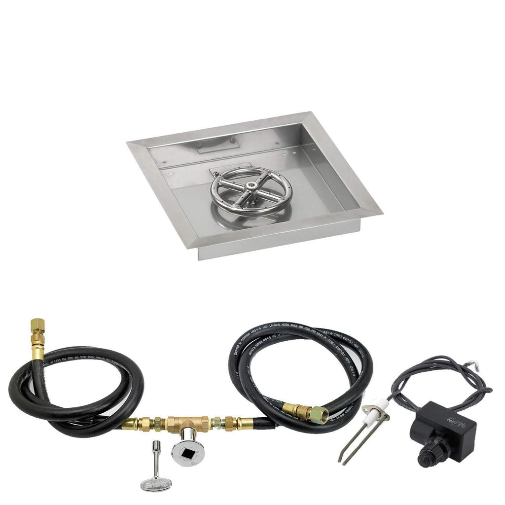 Square stainless fire pit pan with burner and complete spark ignition kit components