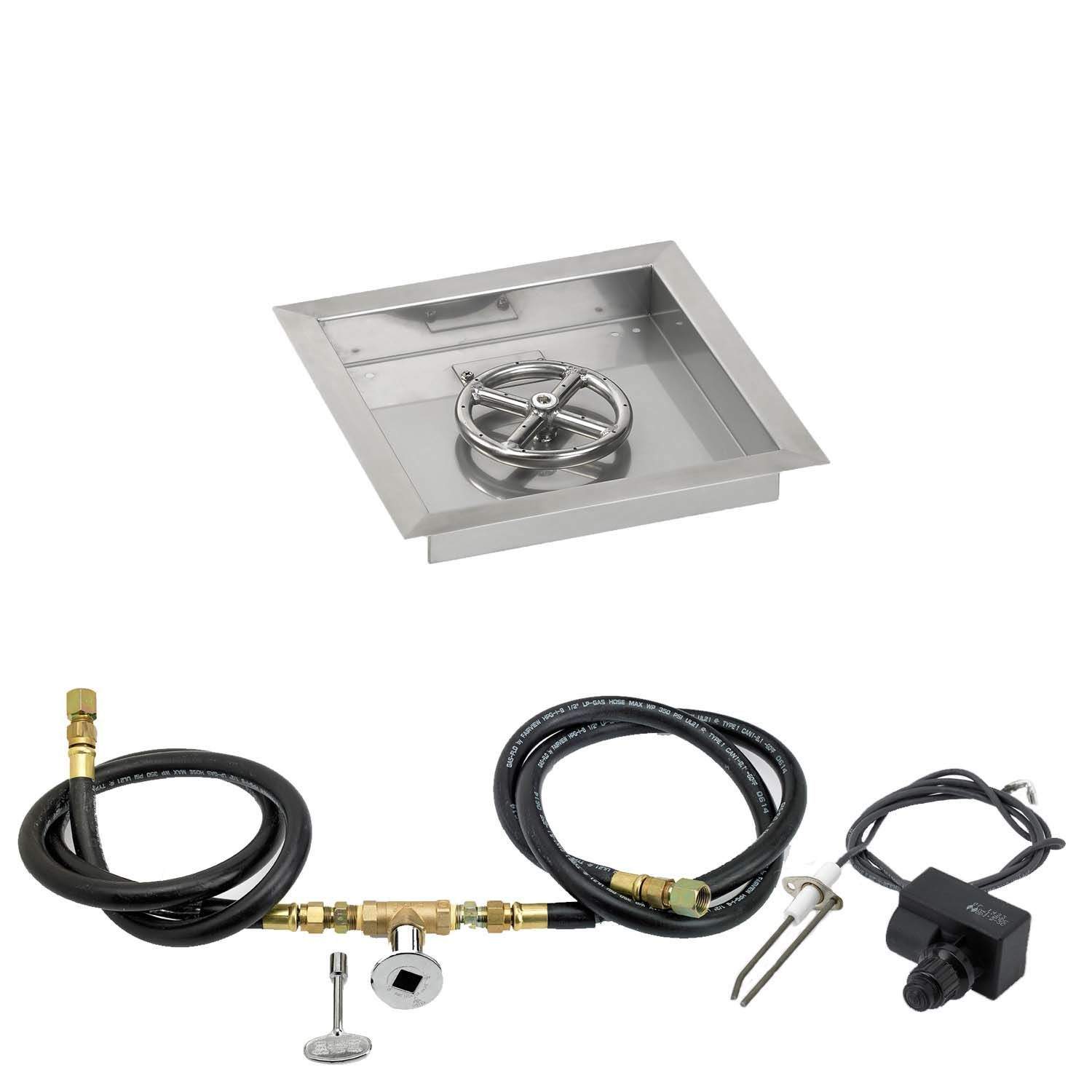 Square stainless fire pit pan with burner and complete spark ignition kit components