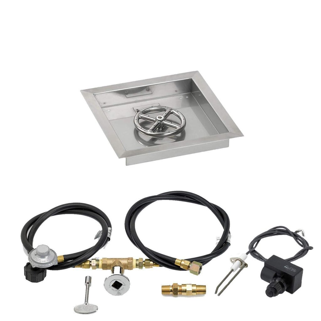 Square stainless fire pit pan with burner, black hoses, brass fittings, and spark igniter