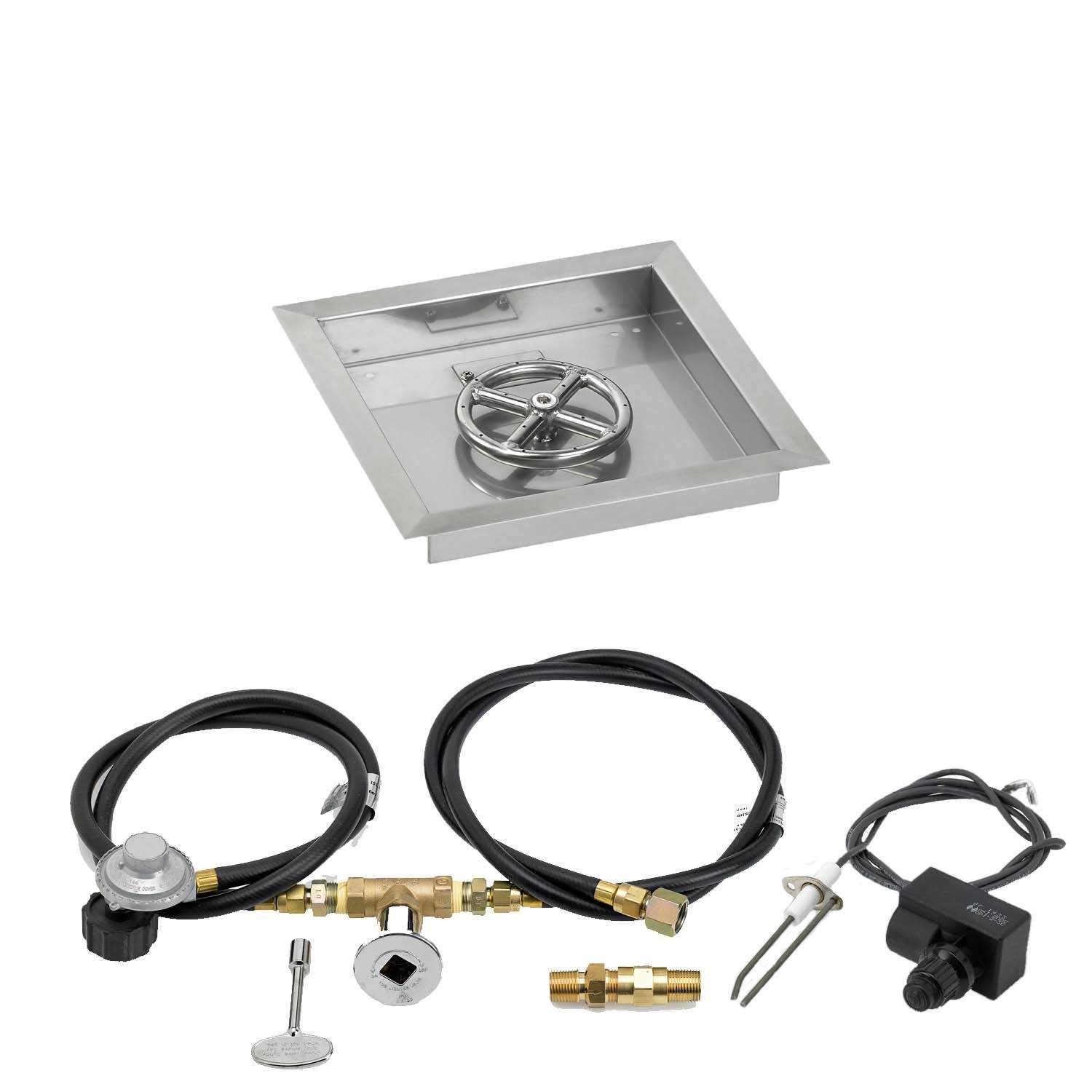 Square stainless fire pit pan with burner, black hoses, brass fittings, and spark igniter