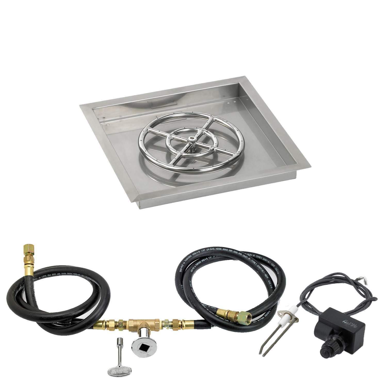 Square stainless fire pit pan with burner and ignition kit hoses, fittings, and switch