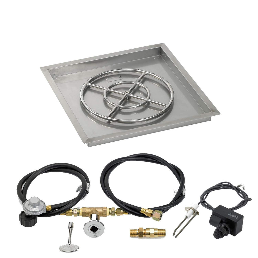 Square metal burner pan with round burner grate and connected gas supply lines