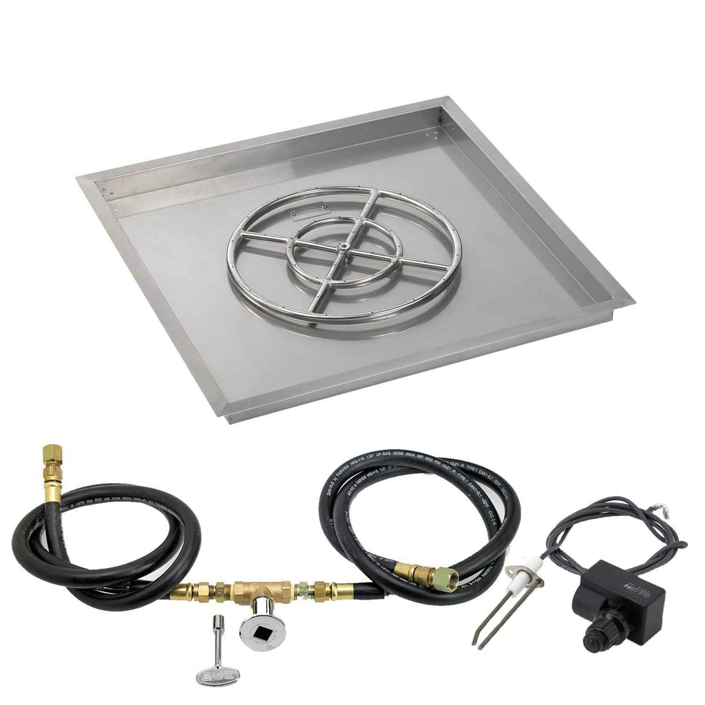 Square stainless fire pit pan with burner and ignition kit components including hoses and switch