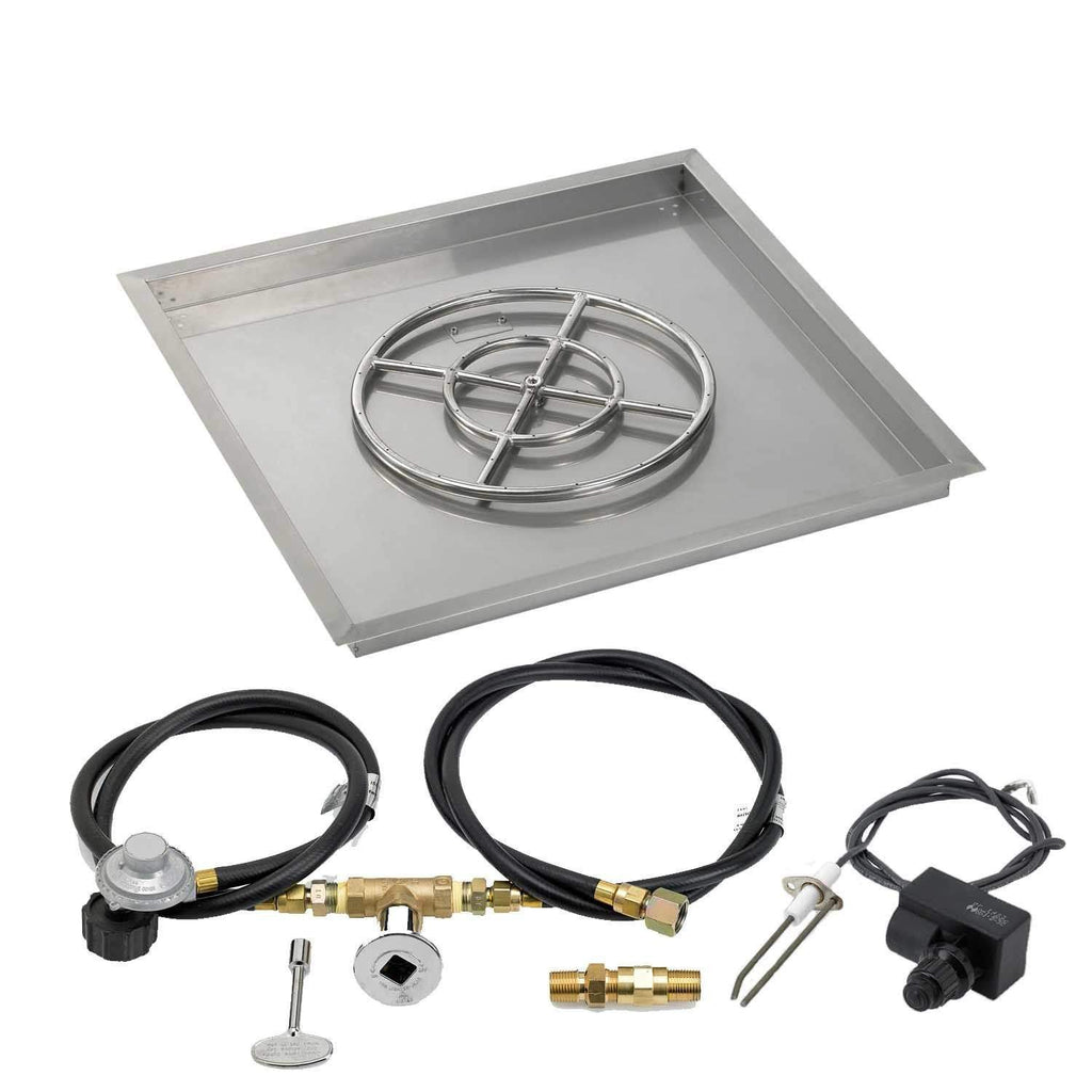 Square metal burner pan with round ignition grate and gas hose with valves