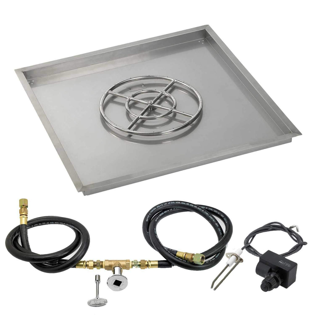 Square metal burner pan with round ignition grate plus black wiring and gas line parts