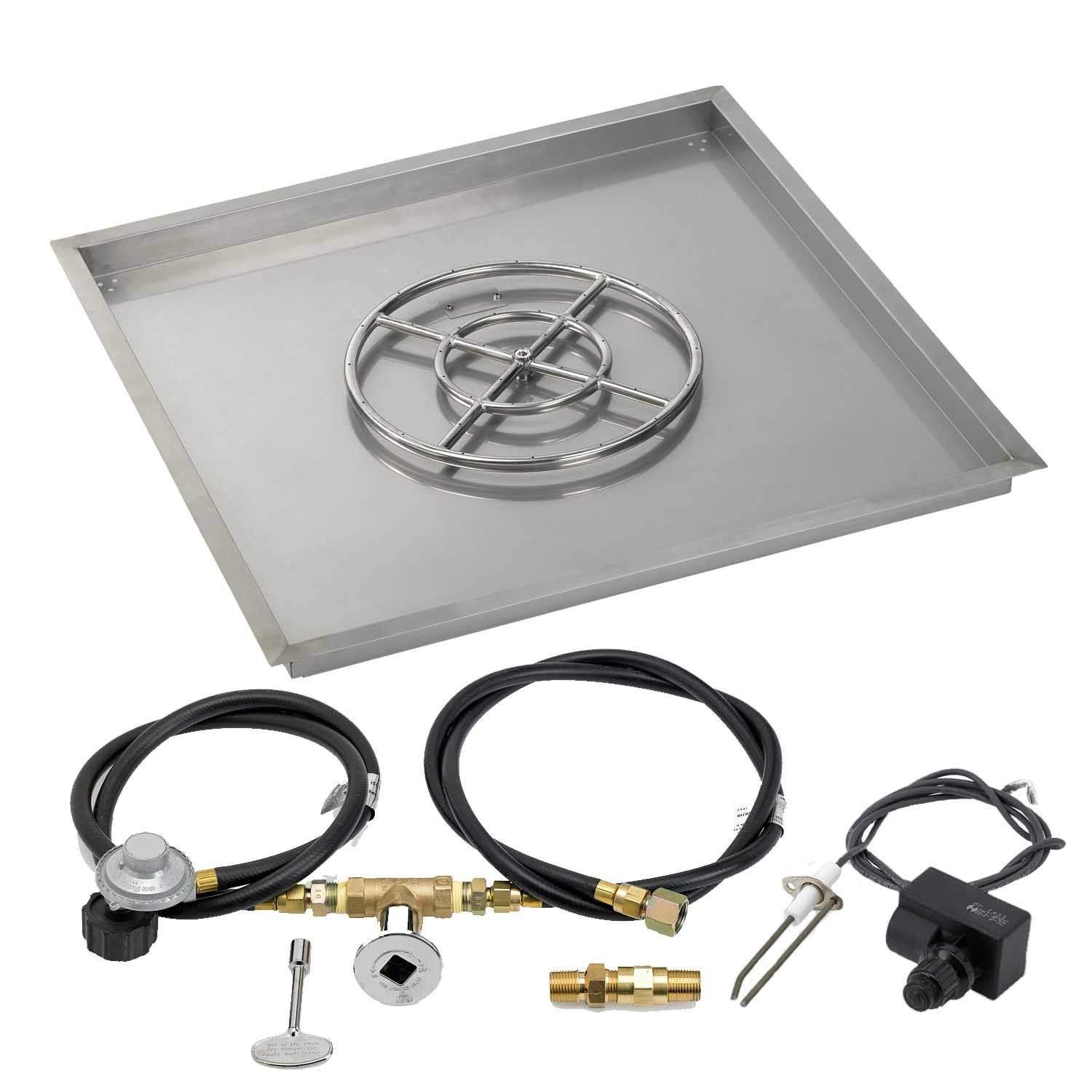 Square metal burner pan kit with round grate, gas hoses, and ignition wires