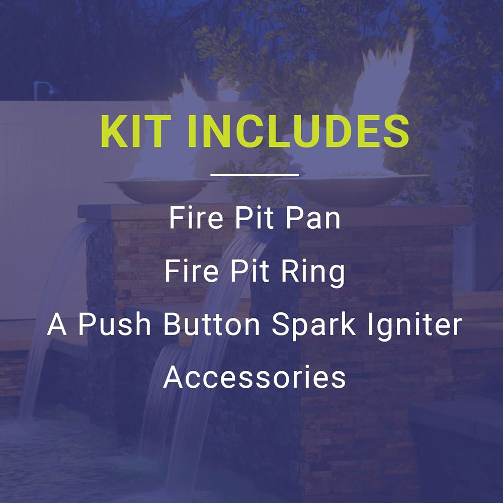 Outdoor fire pit with kit information overlay