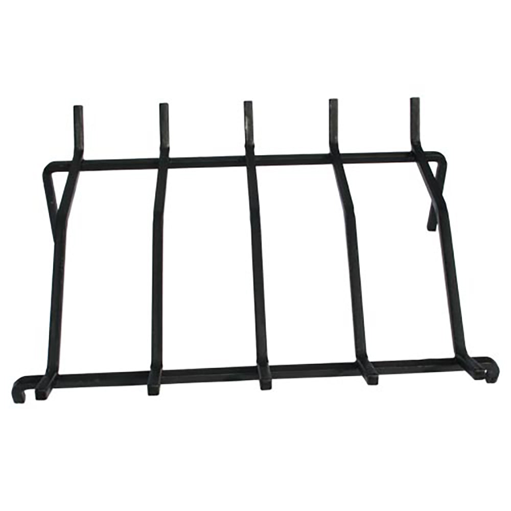Outdoor fireplace log grate with black metal frame and vertical support bars