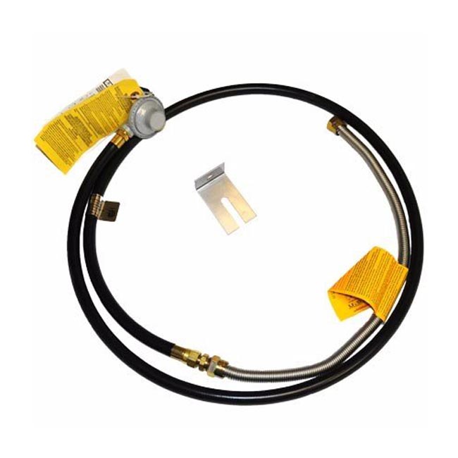 Gas hose assembly with regulator and yellow fuel label for fire pit burner kits