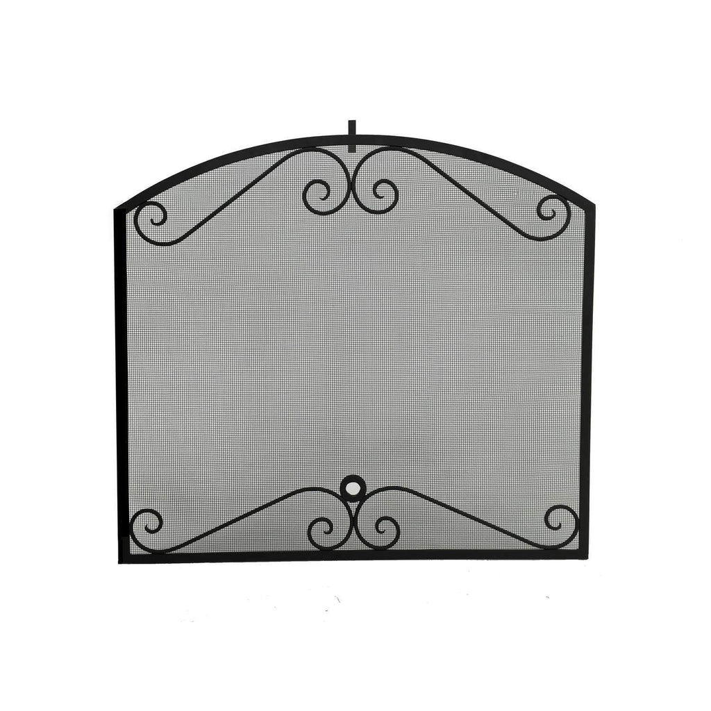 Fireplace screen with arched top, black frame, gray mesh, scroll details