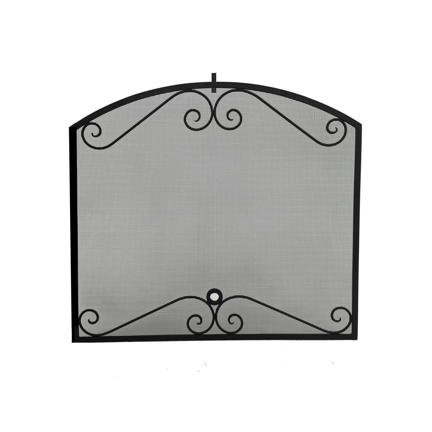 Fireplace screen with arched top, black frame, gray mesh, scroll details