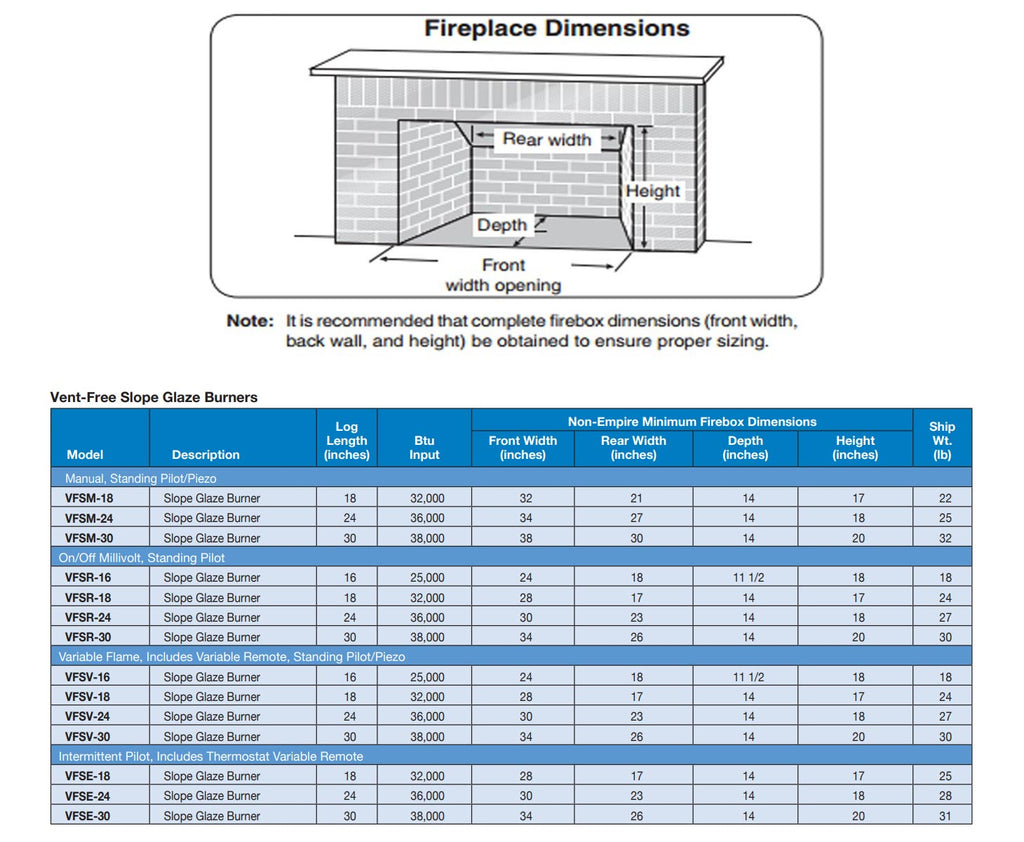 White Mountain Hearth VFSVxx Ventless Slope Glaze Burner with Variable Flame Valve Control