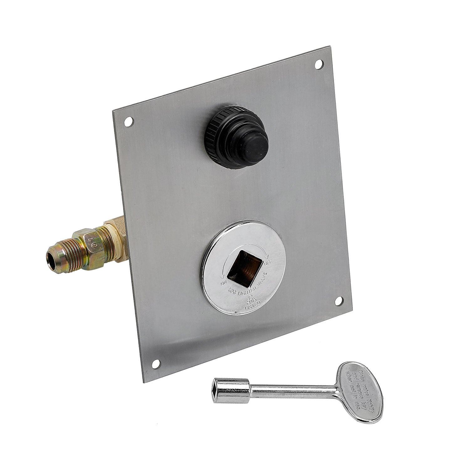 Stainless control plate with gas fitting, ignition switch, and mounting key