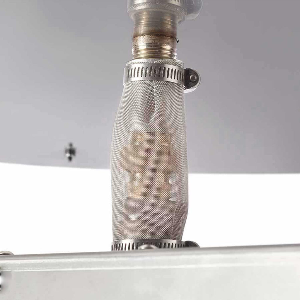 Stainless steel gas burner head with mesh flame shield and threaded connection
