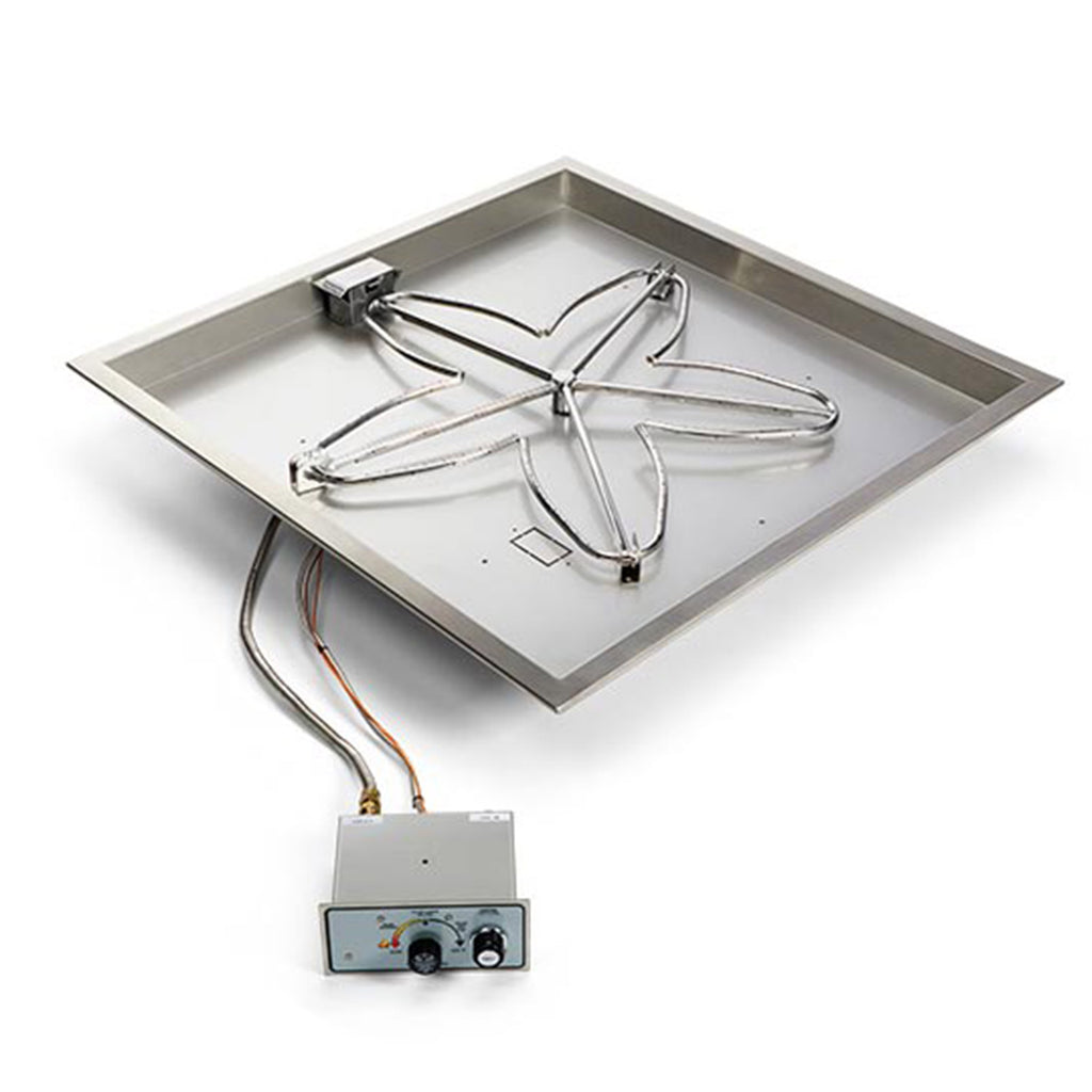 Square metal burner pan with igniter and control box for gas fire pit kit