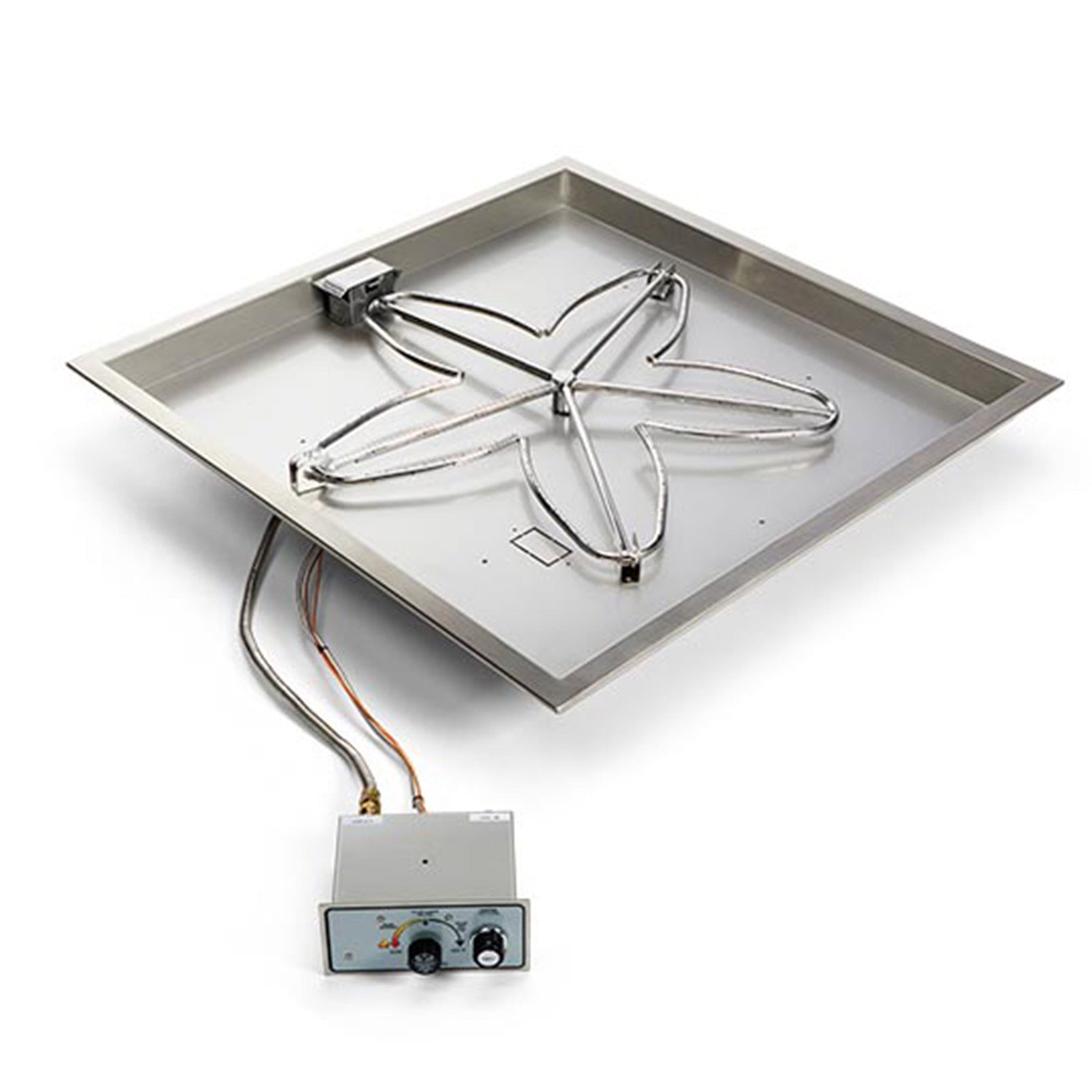 Square metal fire pit pan with gas burner assembly and control module