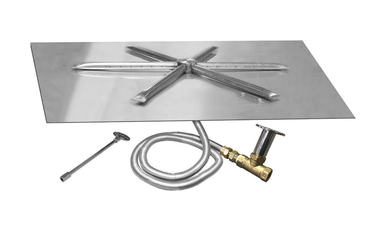 Stainless steel gas fire pit burner kit with square flat pan and cross spud