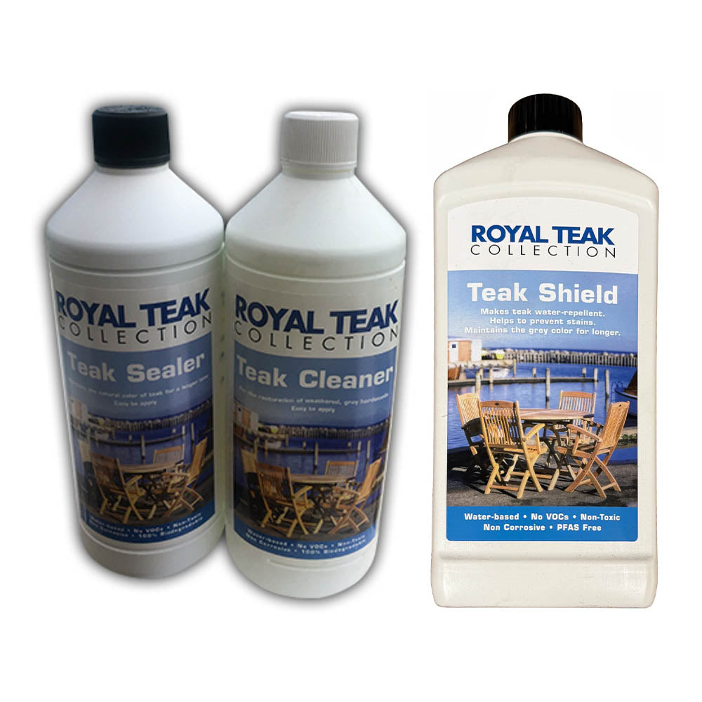 Royal Teak Collection teak maintenance bottles: sealer, cleaner, and Teak Shield