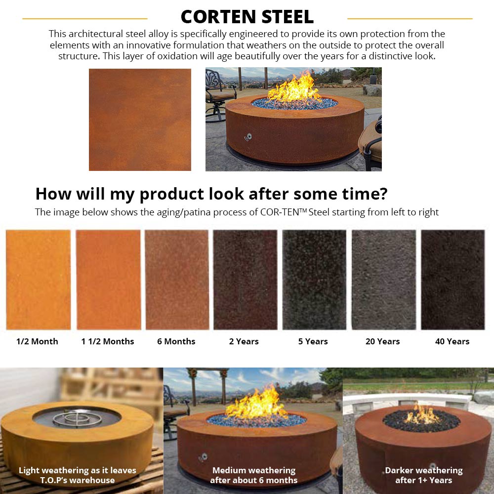 TOP Fires by The Outdoor Plus Mabel Round Corten Steel Gas Fire Pit