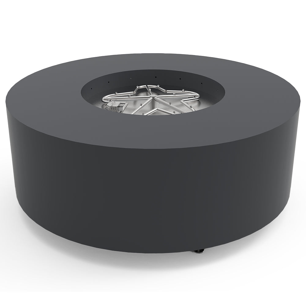 Round metal fire pit with torpedo-style burner, charcoal gray finish