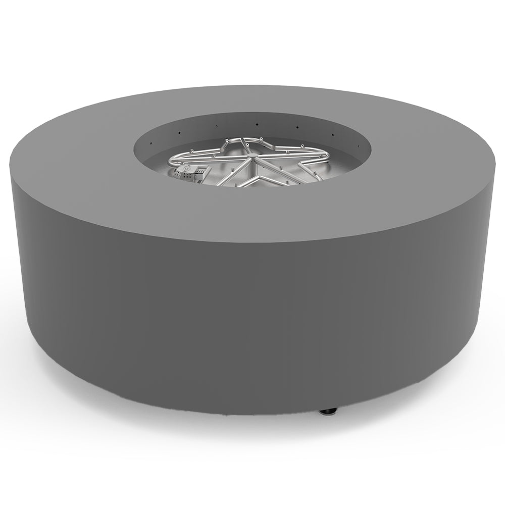 Gray round metal fire pit with torpedo burner grate in top opening