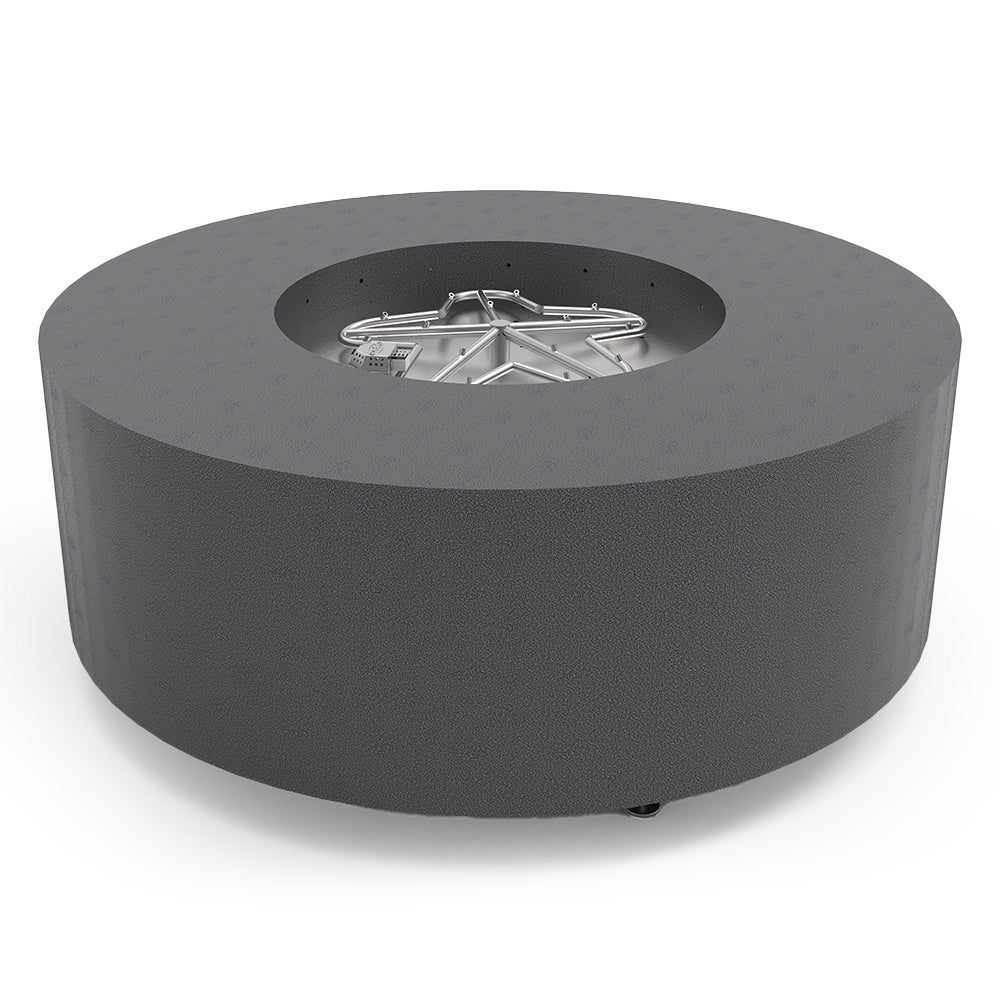 Round metal fire pit with torpedo-style burner, medium gray finish