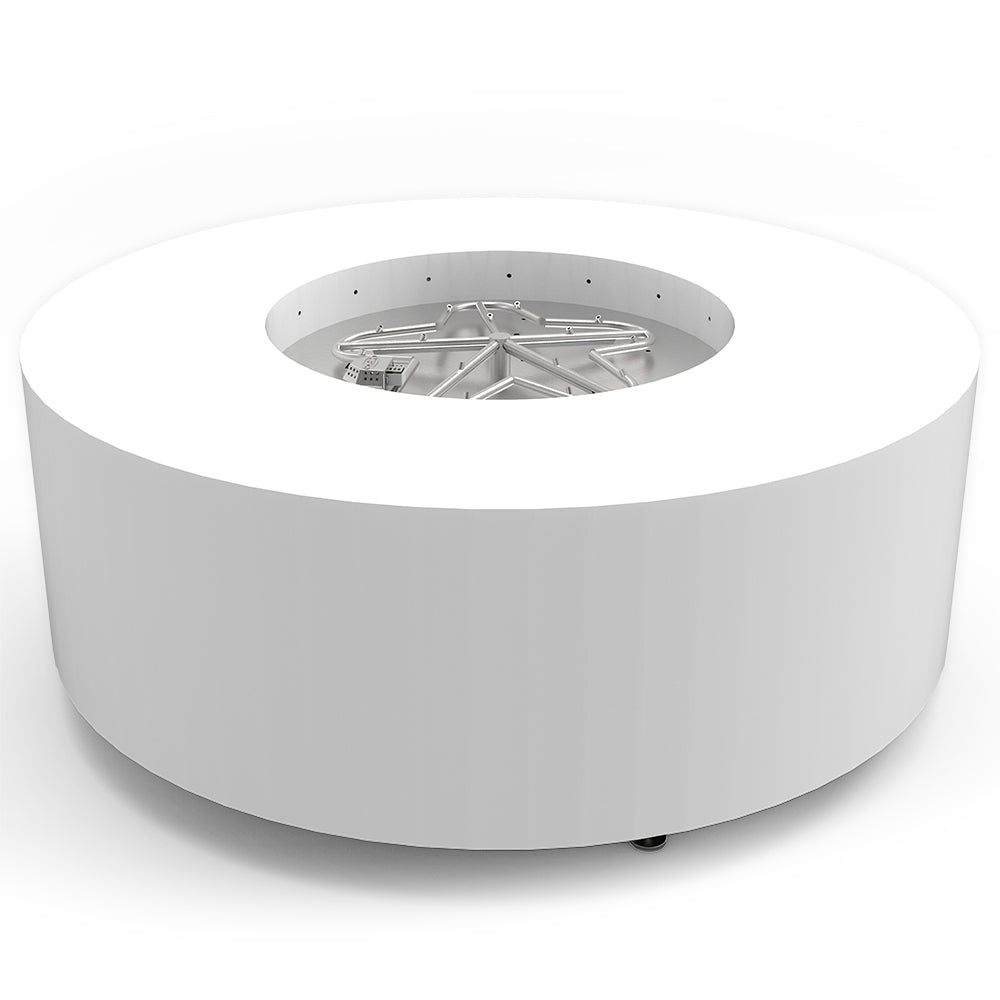 White round metal fire pit with torpedo burner grate in top opening