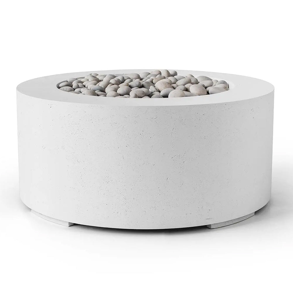 Round lightweight concrete gas fire pit with grey stones in top bowl