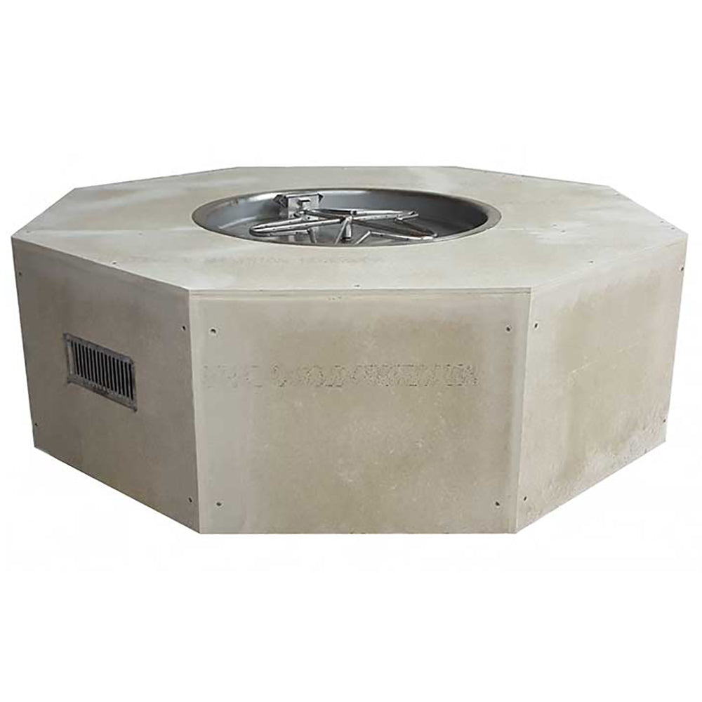 Unfinished octagon fire pit enclosure with burner opening and side vent, light gray