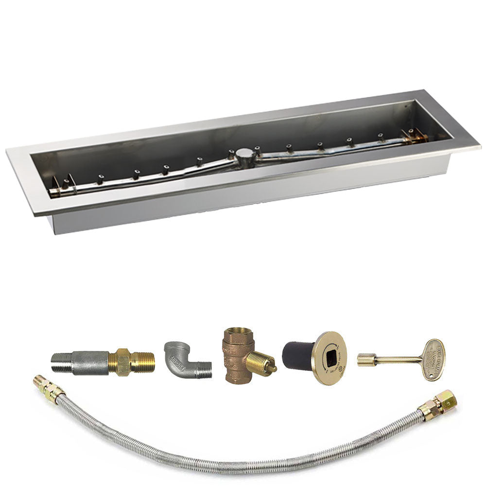 Linear fire pit burner trough kit with stainless burner bar and gas connection fittings