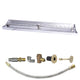 Linear gas fire pit burner kit with silver trough, gold face plate, and flexible hose