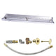 Linear burner pan with propane gas fittings and flexible hose, gold and steel parts