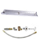 Linear burner pan with gas fittings and flexible hose, chrome and brass components
