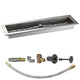 Linear gas fire pit burner kit with metal trough, black ignition knob, brass fittings and hose