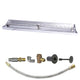 Linear gas fire pit burner kit with silver trough, metal fittings, and flexible hose