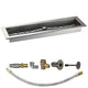Linear gas fire pit burner kit with metal trough, black ignition knob, brass fittings and hose