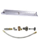 Linear gas fire pit burner kit with silver trough, brass fittings, and flexible hose